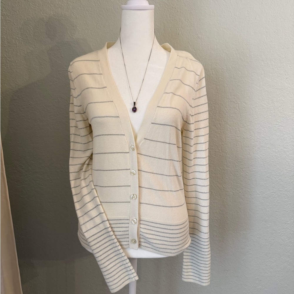 American Eagle Outfitters Cream and Silver Striped Cardigan